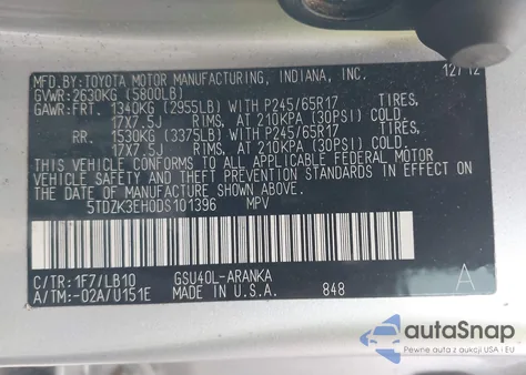 2013 Toyota Highlander Se V6 из США, поврежденный, VIN 5TDZK3EH0DS101396